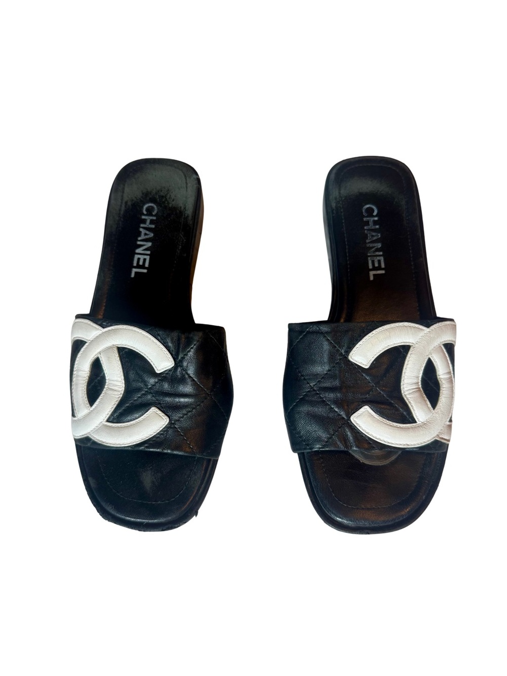 Chanel Black Leather Slide Sandals with White CC Logo
